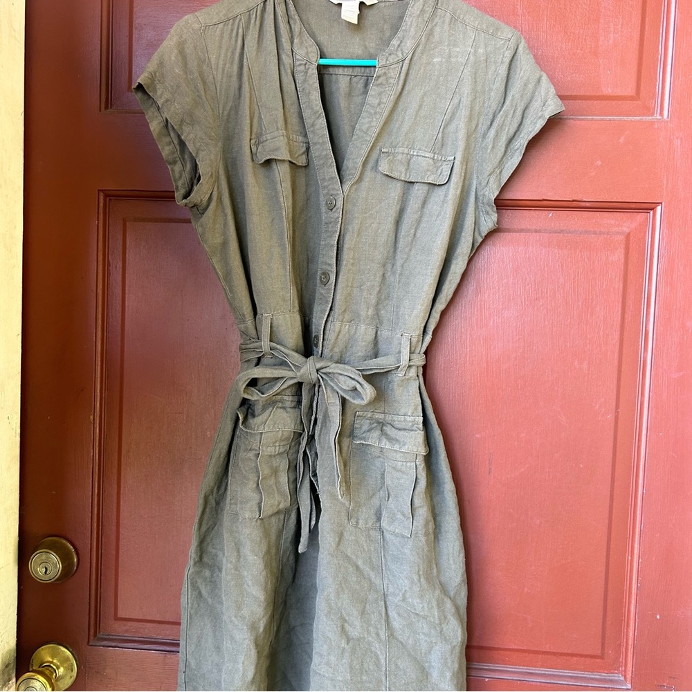 Banana Republic Sage Green Linen Button Down Midi Dress Minimalistic and Modest